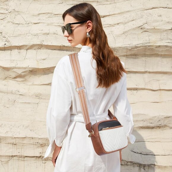 Bostanten Women Black With BrownPU leather Quilted Crossbody Bag With Wide Strap - Picture 2 of 6